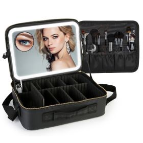 Travel Makeup Bag with LED Mirror Makeup Case Organizer with 3 Light Colors Adjustable Dividers Brush Holder Magnifying Mirror Shoulder Strap Luggage (Option: L_Black)
